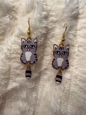 Gray Cat Dangle Earrings with Gold Hooks
